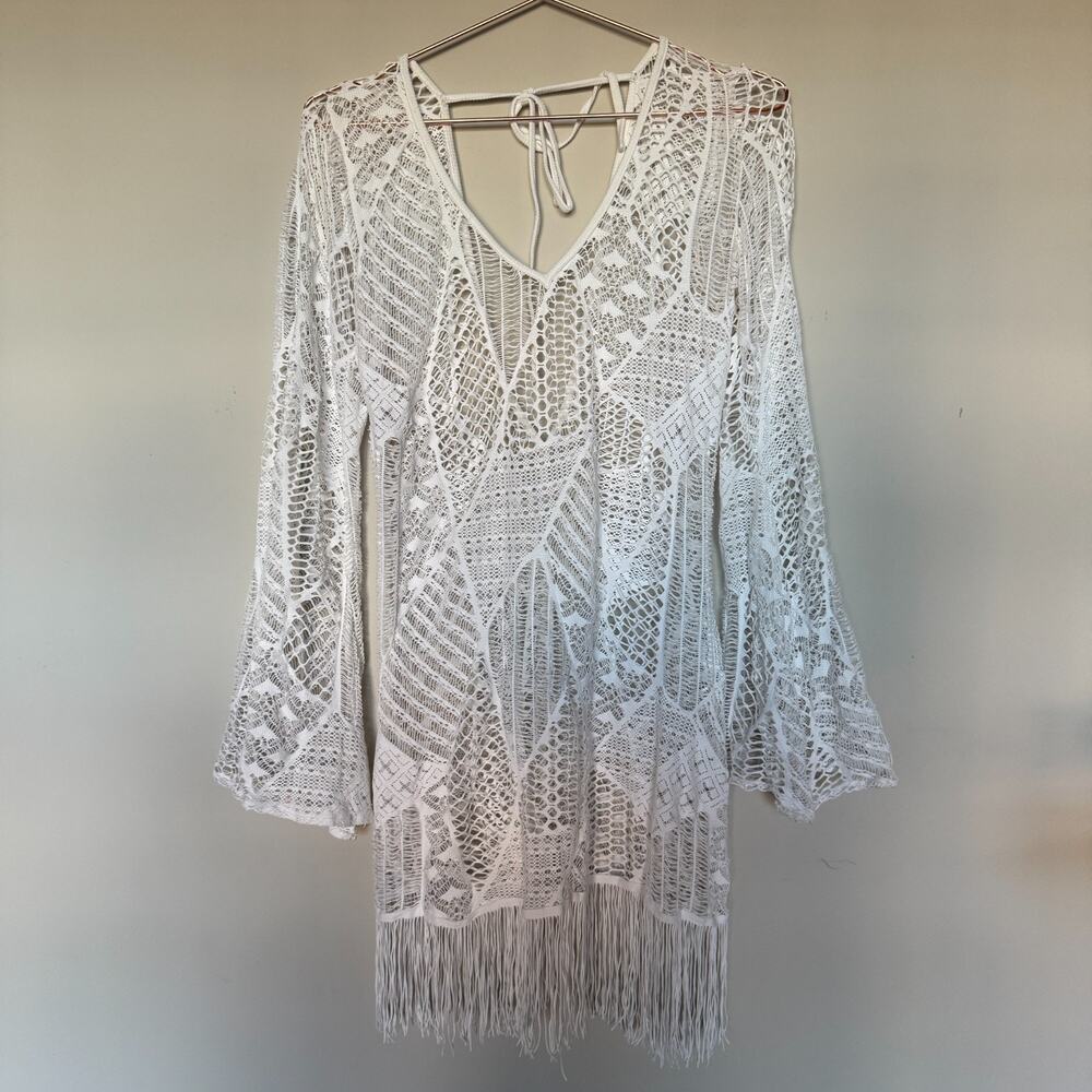 PILYQ PQ Women Swim Coverup Dress M/L Ivory Mini Crochet Whimsical Cottage Fairy - Picture 2 of 10
